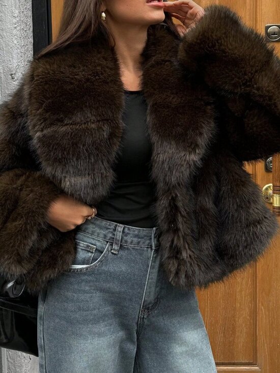 Jackets & Blazers - Mocha Brown Casual Women's Faux Fox Fur Coat